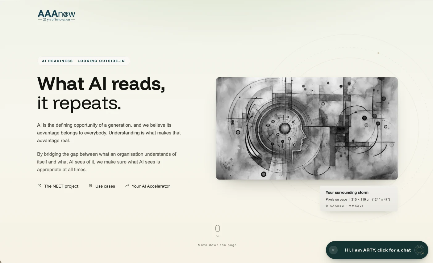 AAAnow homepage featuring the message: What AI reads, it repeats.